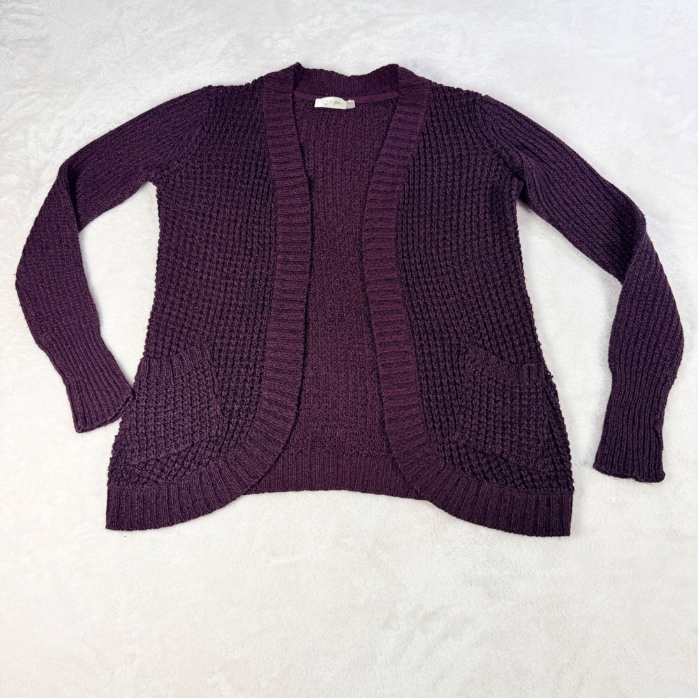 RD Style Waffle Knit Cardigan Womens S Plum Purple Open Front Pockets Chunky